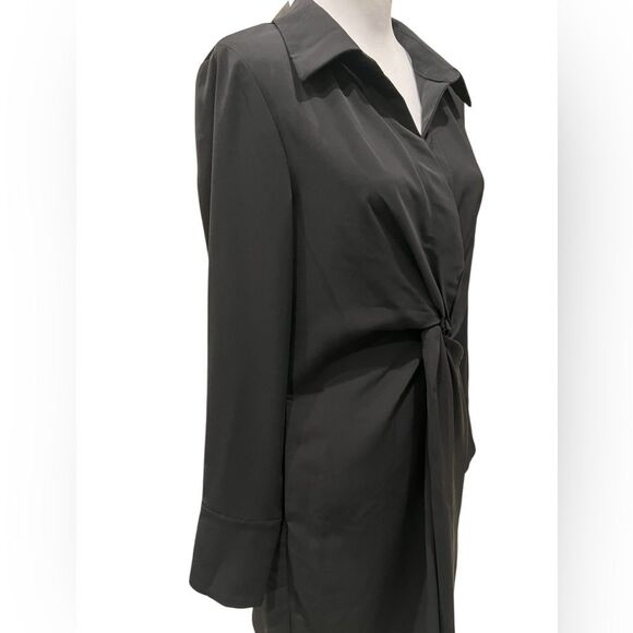 Gracia Twist Front Shirt Dress Black Long Sleeve Collared Side Zip Pockets L NWT - Picture 7 of 14